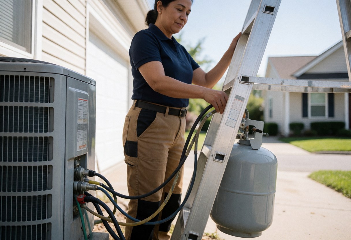 Professional HVAC technician working on an outdoor air conditioning unit using a ladder in a sunny residential patio.
