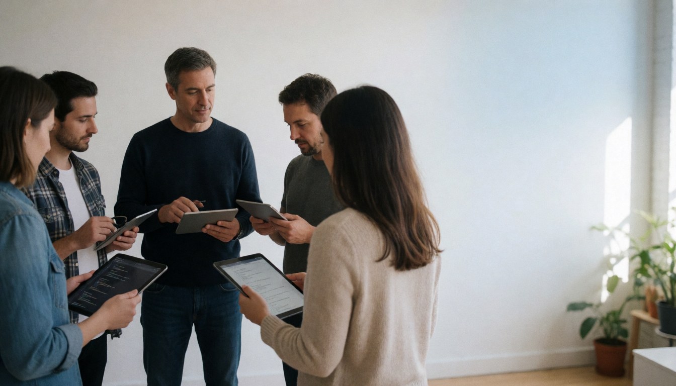 Group of software professionals collaborating with tablets in a bright, spacious modern loft office