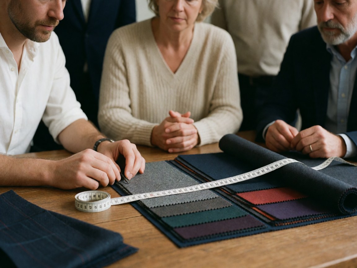 Close-up view of textile samples and a measuring tape arranged on a wooden surface for fashion design.