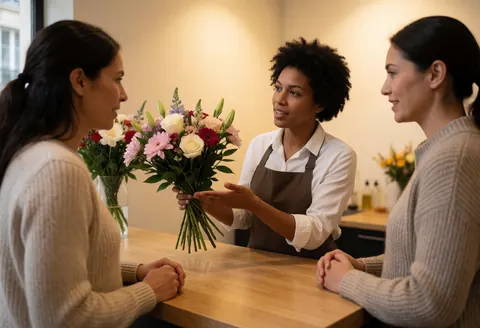 A black florist explains a flower bouquet to a female client in a flower shop with a flower box in the background.