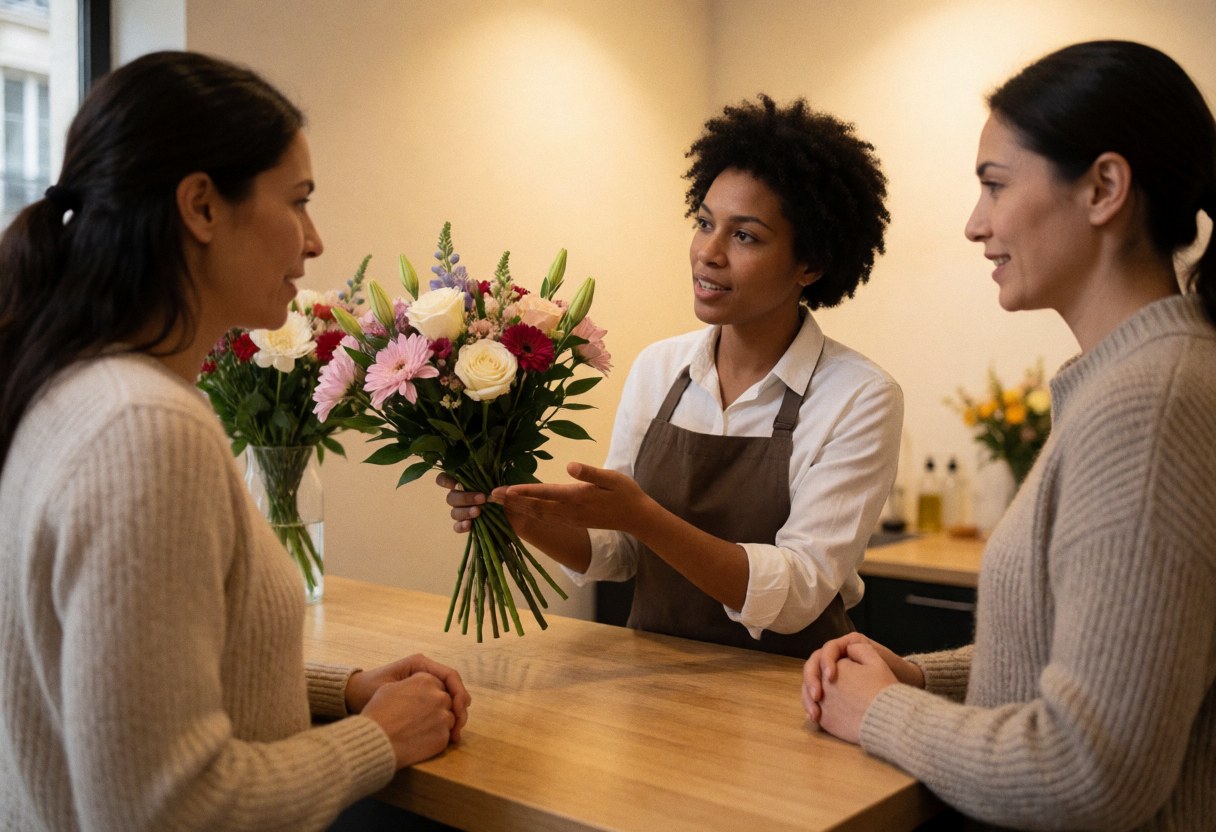 A florist explains a flower bouquet to a female client in a flower shop with a flower box in the background.
