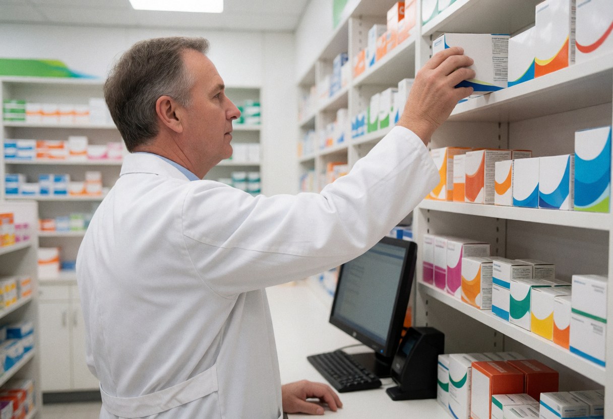 Pharmacist taking medicine from a shelf in a pharmacy with a computer and medication shelves around