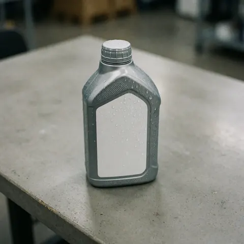 Bottle of synthetic motor oil with water droplets resting on a gray concrete workbench in a mechanic shop with a blurred background.