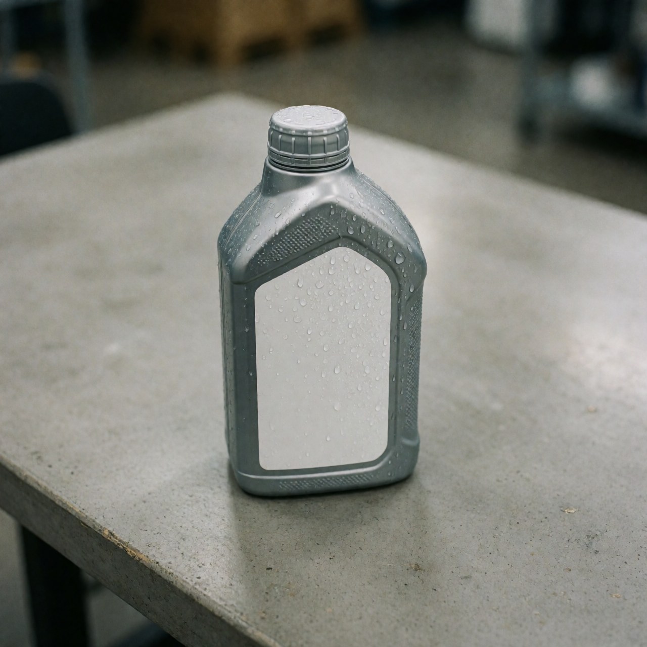 Bottle of synthetic motor oil with water droplets resting on a gray concrete workbench in a mechanic shop with a blurred background.