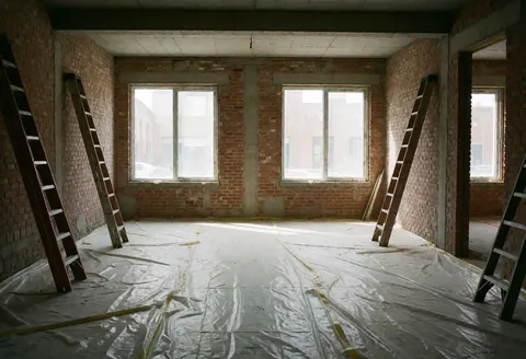 Empty construction space featuring exposed brick walls, stairs, floor plastic, and natural light from windows