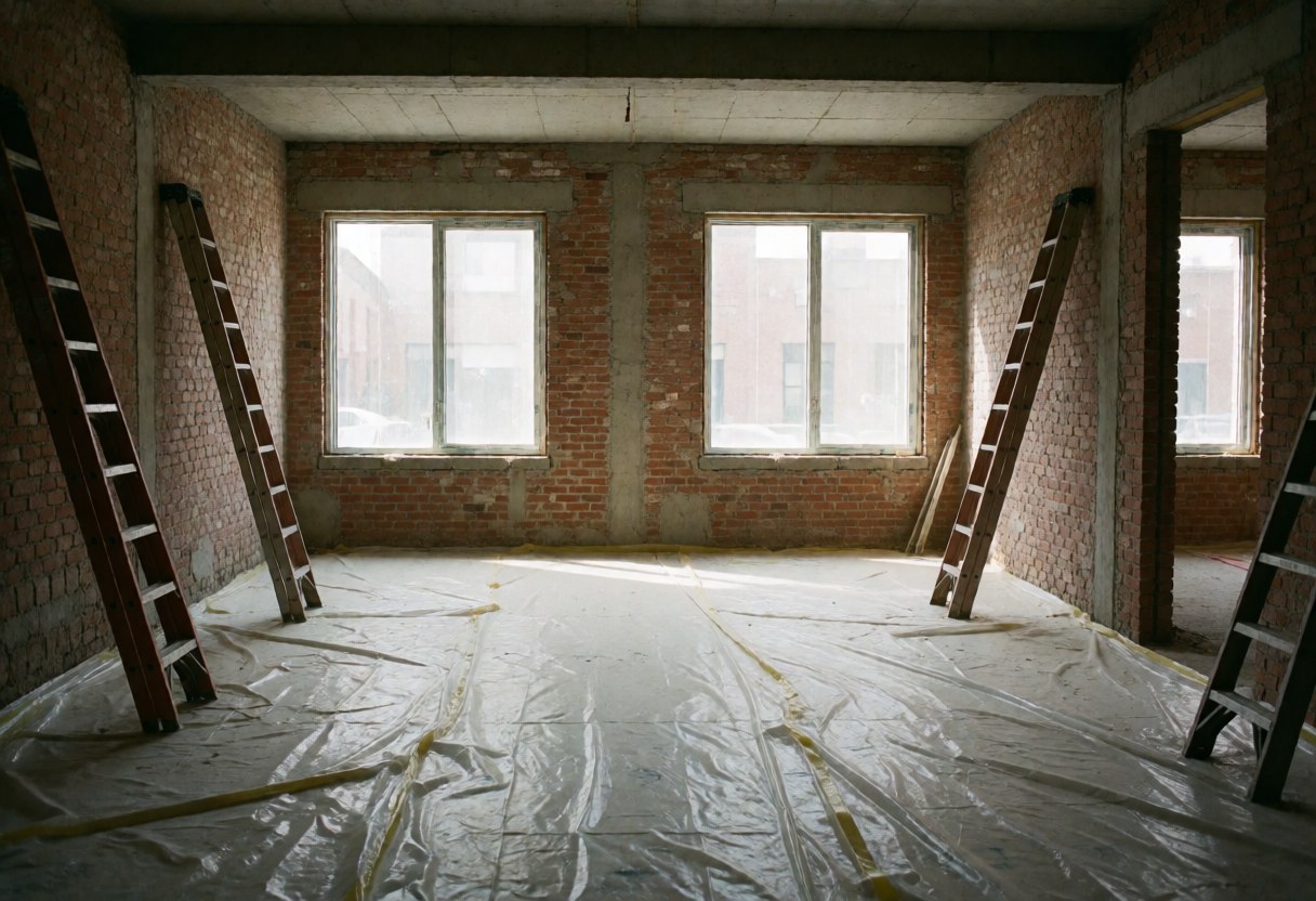 Empty construction space featuring exposed brick walls, stairs, floor plastic, and natural light from windows