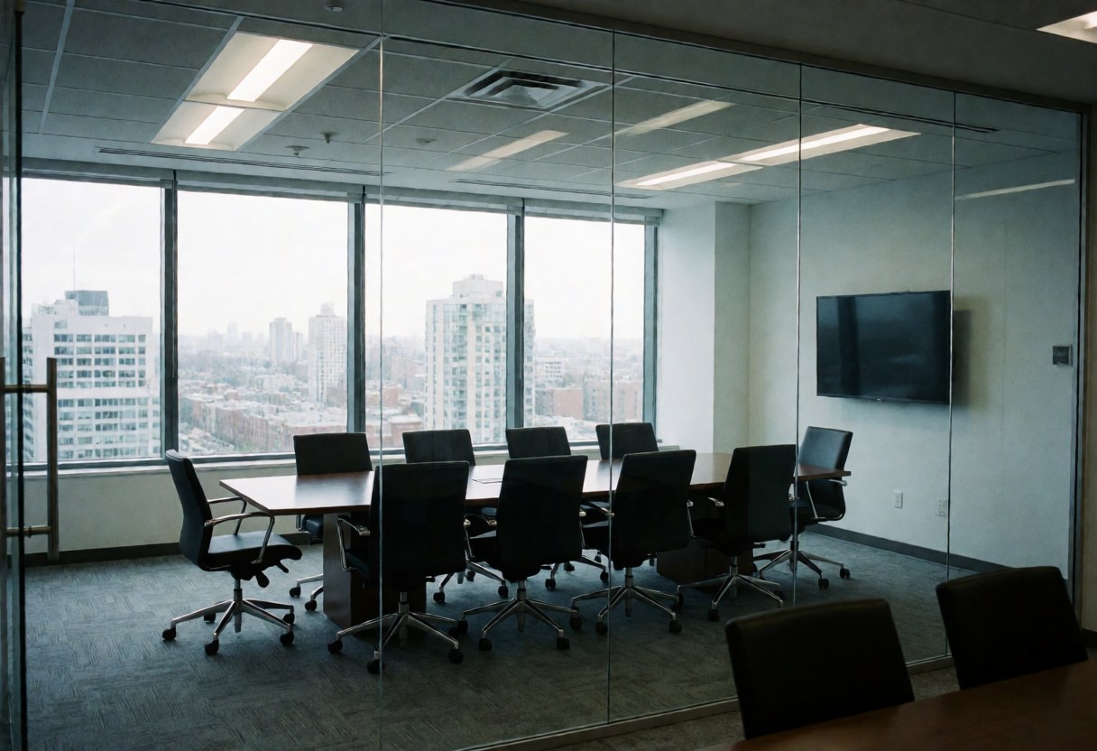 Empty conference room with black tables and chairs, glass walls, and panoramic city view ideal for real estate