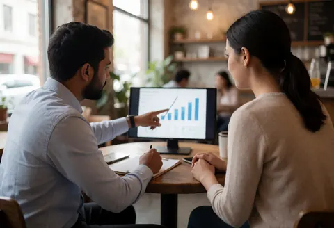 Male advisor explains a sales graph to a client in a cafe using a computer and notebook in a warm natural setting
