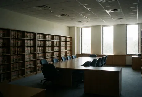 Spacious law office featuring tall bookshelves filled with legal texts, a central table, and chairs illuminated by natural window light