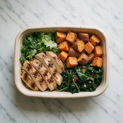 A white marble surface holding a container of healthy food featuring roasted chicken, sweet potatoes, and green vegetables.