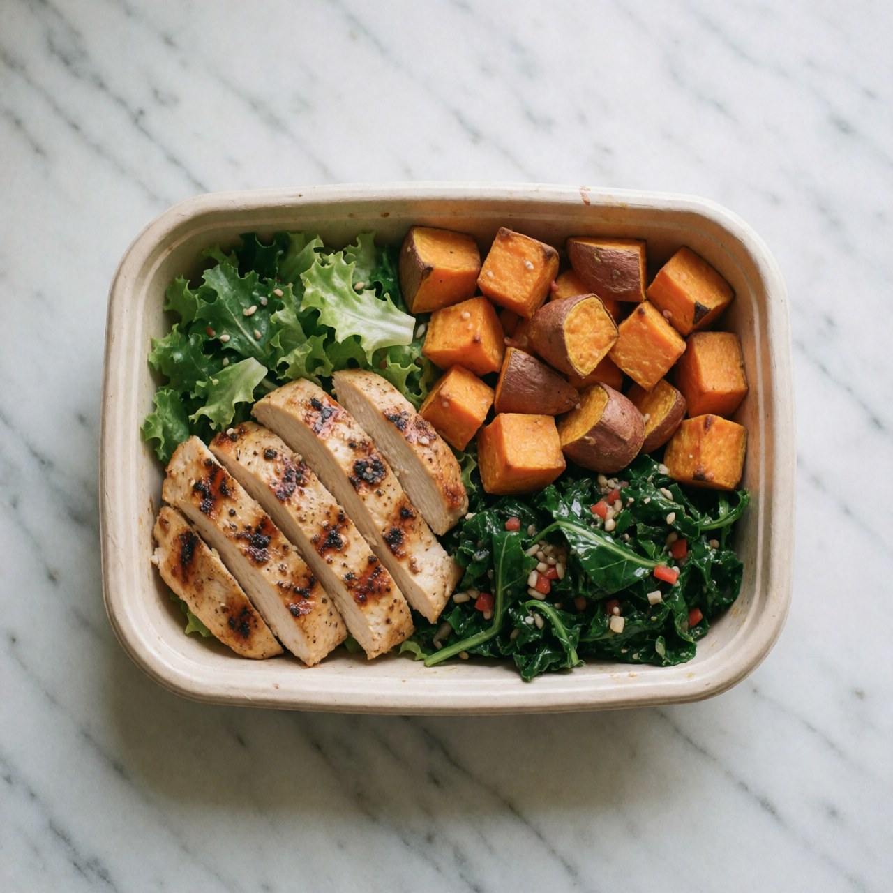 A white marble surface holding a container of healthy food featuring roasted chicken, sweet potatoes, and green vegetables.