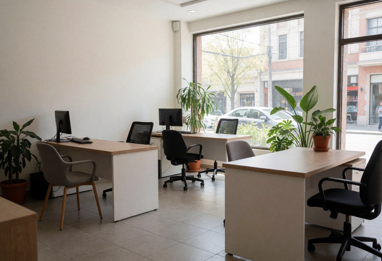 Bright modern travel agency office featuring work desks, computers, chairs, and green plants illuminated by natural light from large windows