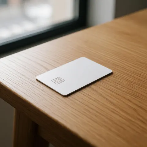 Digital access card with chip resting on a light wooden table illuminated by natural light in a minimalist style