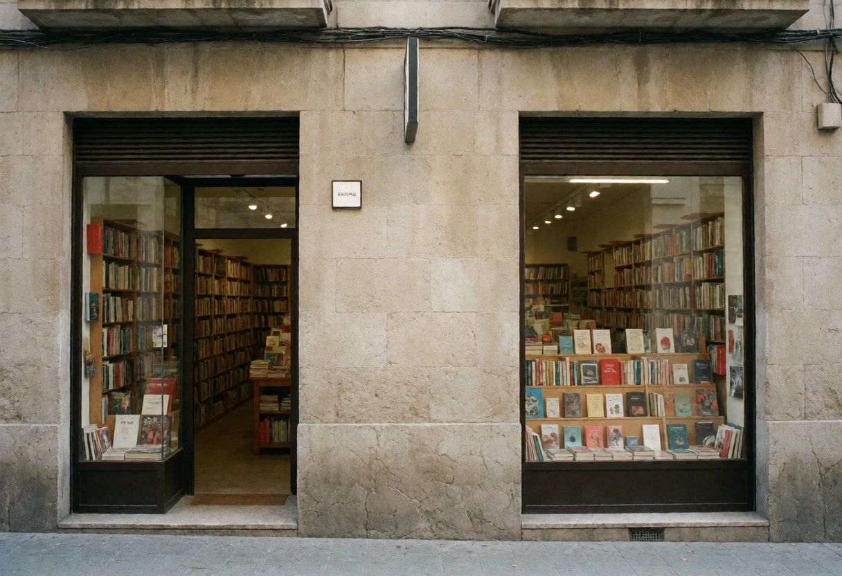 Exterior view of a bookstore featuring a stone facade, a glass display case filled with books, and an open entrance leading to the interior.