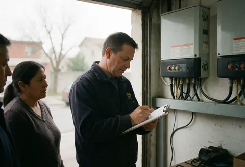 Technician writing notes next to solar inverters while a woman observes in a workshop with natural light and real equipment