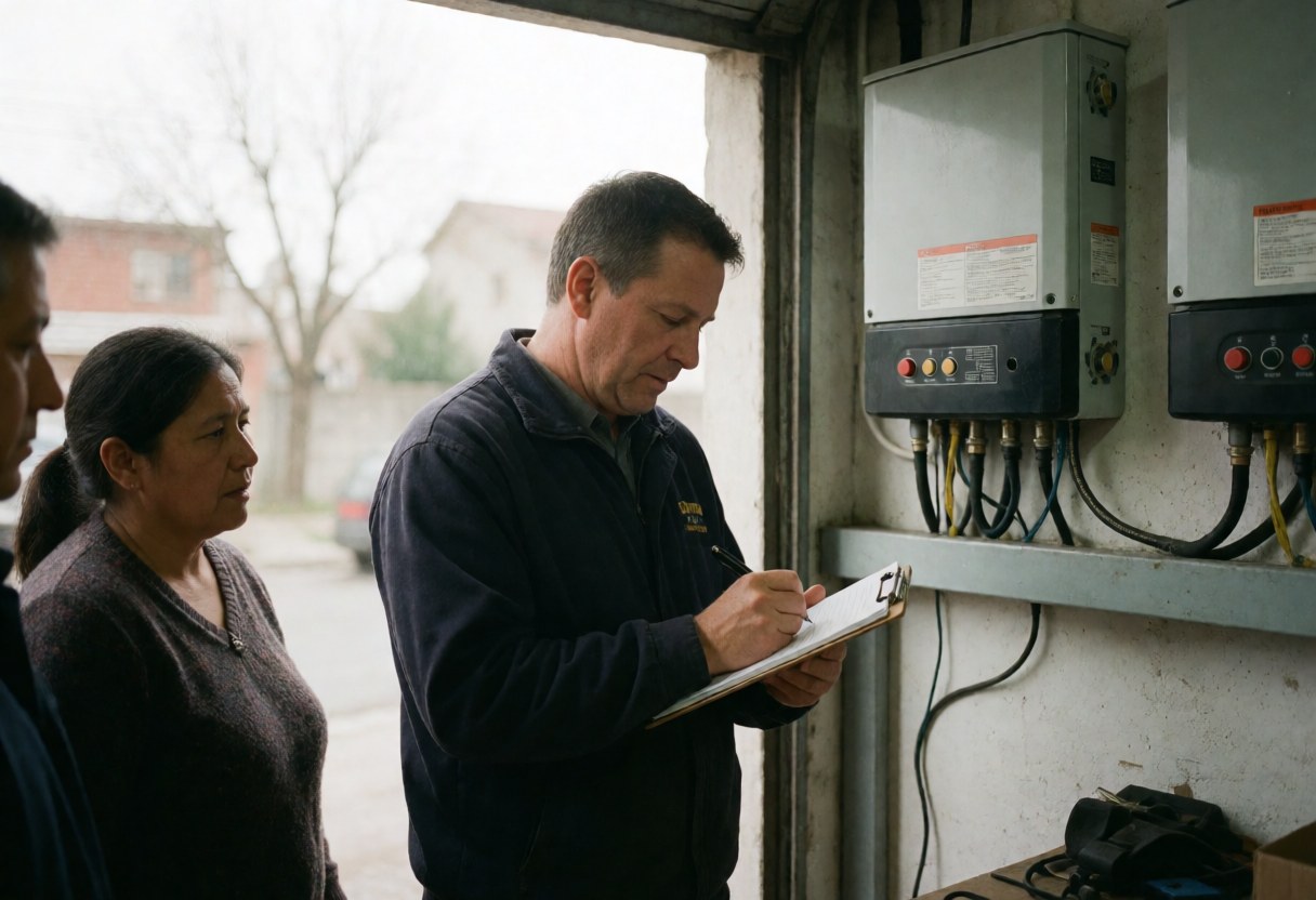 Technician writing notes next to solar inverters while a woman observes in a workshop with natural light and real equipment