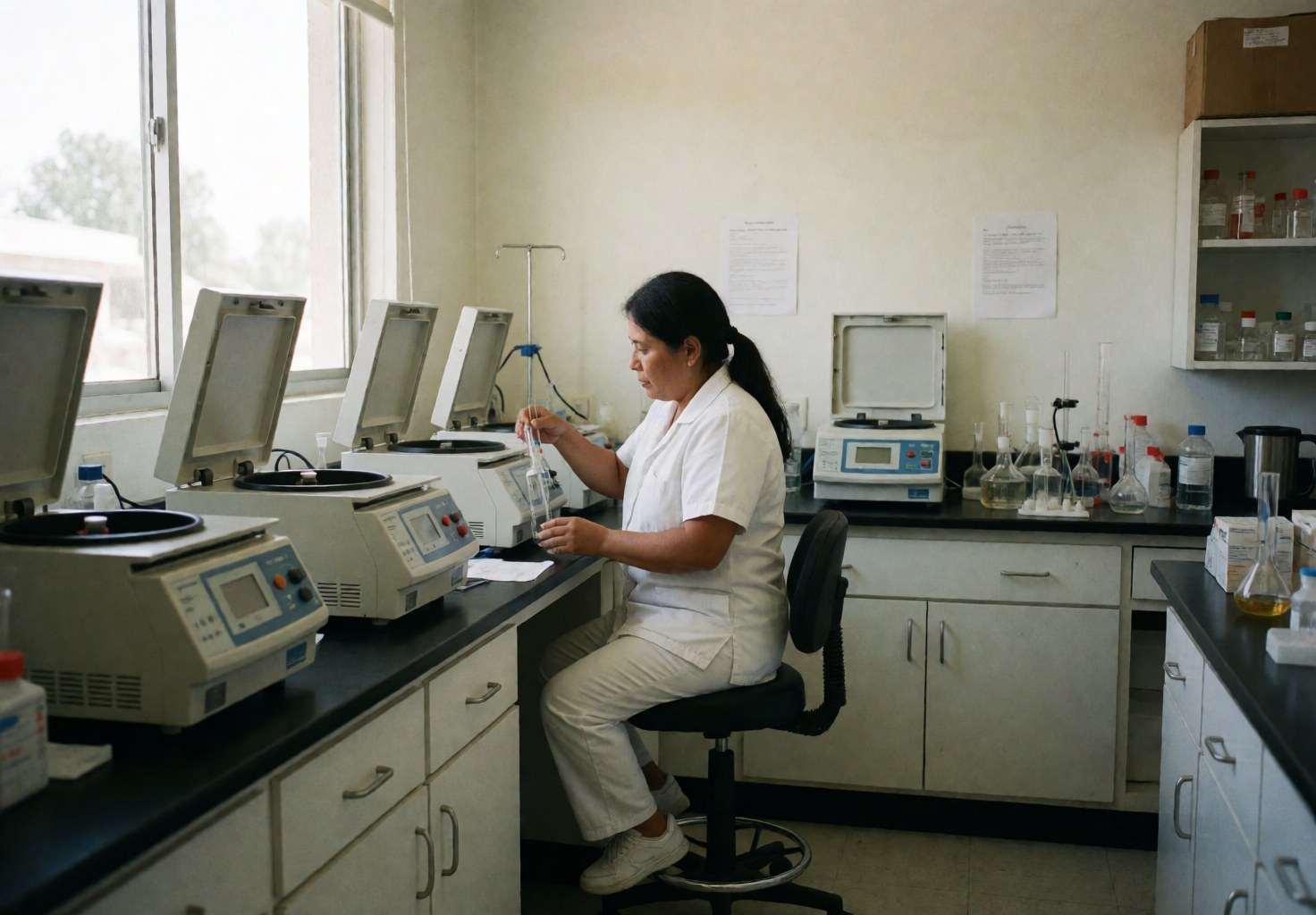 A medical technician handles test tubes in a clinical laboratory surrounded by centrifuges and analysis equipment