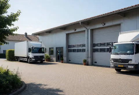 Exterior view of an industrial workshop featuring garage doors, two parked white trucks, and a paved driveway under a clear blue sky.
