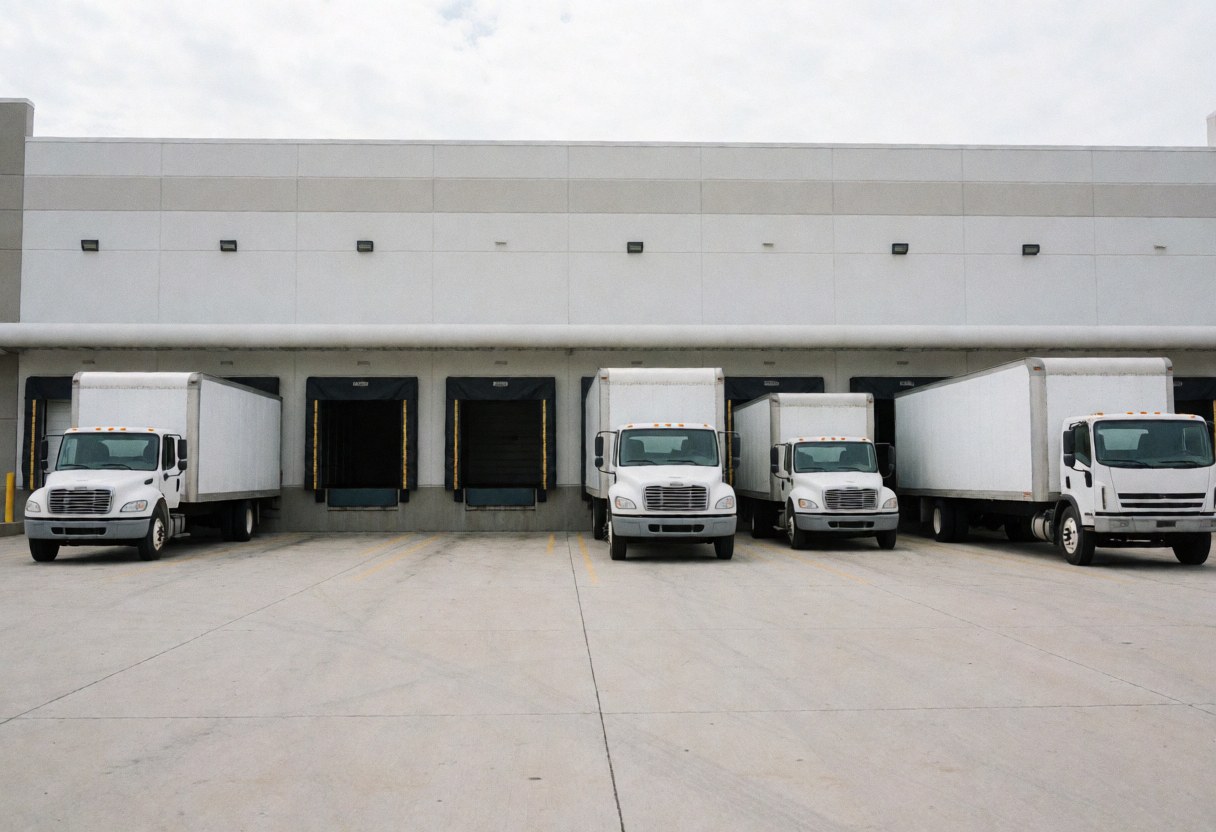 Modern warehouse exterior with several cargo trucks parked in front of loading docks on a concrete floor under a cloudy sky.