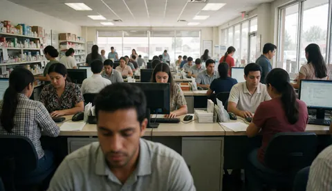 Sales employees working at computers in a busy office environment demonstrating professional activity and teamwork
