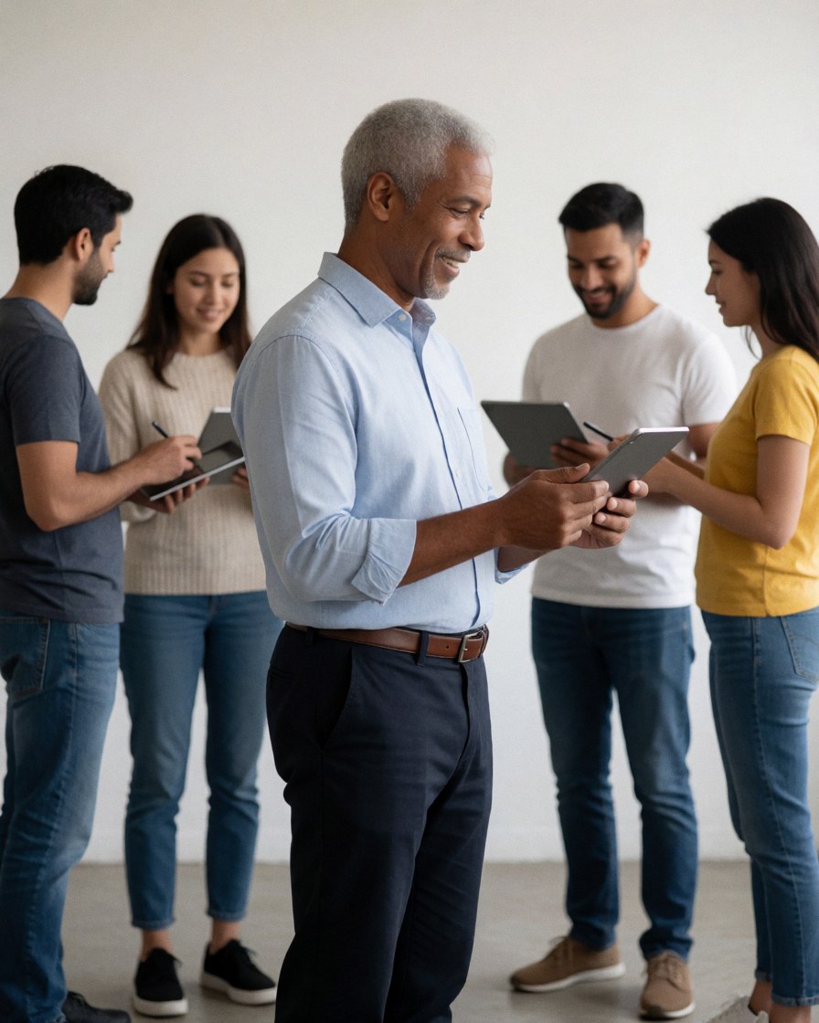 An older professional man holding a tablet while standing in a busy coworking office surrounded by colleagues also using devices