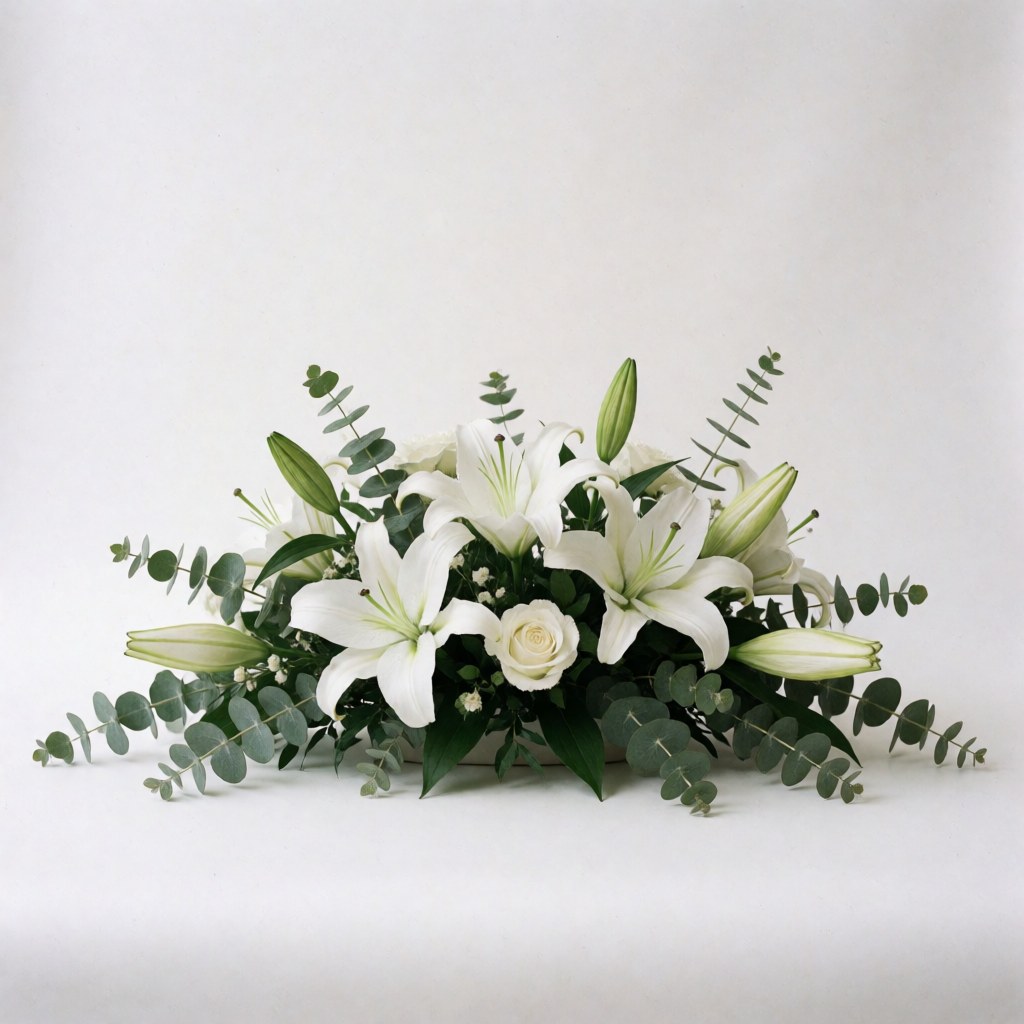 White lilies, roses, and eucalyptus arranged as a wedding centerpiece on a white background for event catalogs