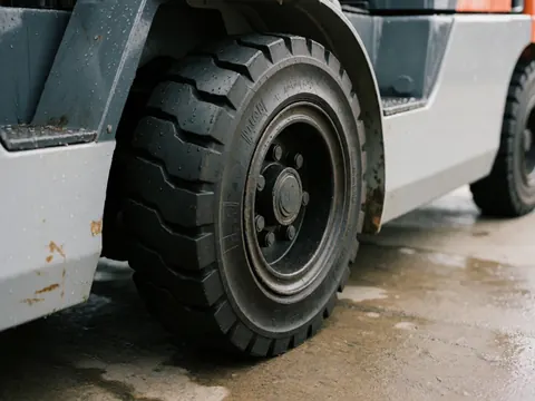 Close-up of a forklift tire on wet concrete with water droplets and industrial details