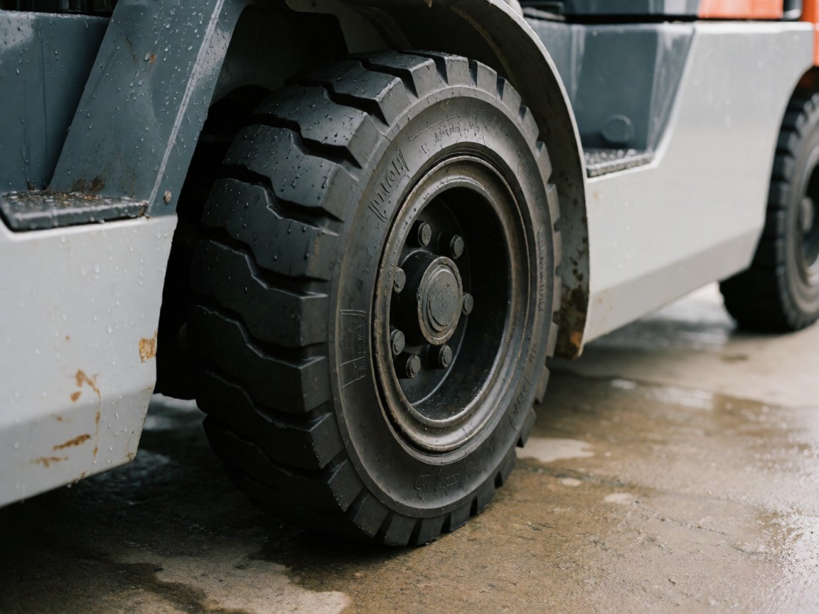 Close-up of a forklift tire on wet concrete with water droplets and industrial details
