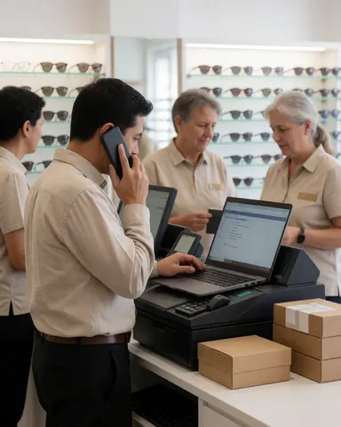 Optical store employee speaking on a cell phone while reviewing a laptop behind the counter with eyeglass racks in the background