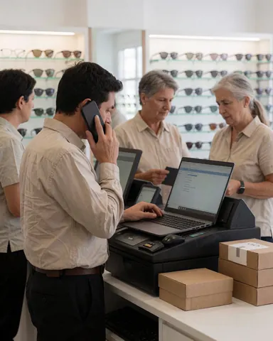 Optician answering phone call while working on computer, with other staff assisting customers in background.