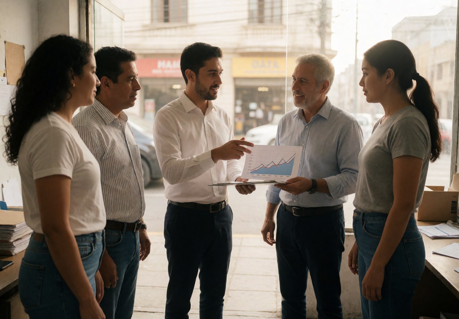 Young consultant explains financial charts to adult clients in a bright office with a blurred urban background