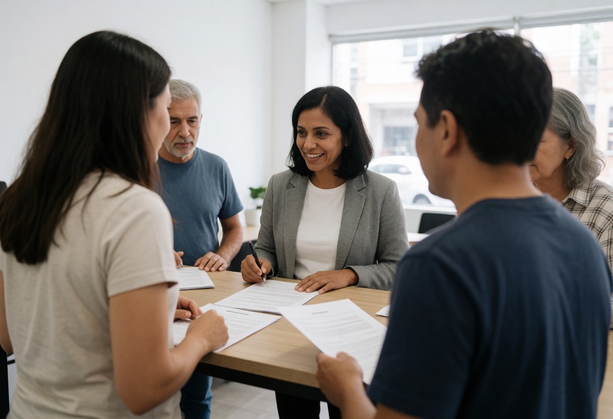 HR specialist assists new employees with onboarding paperwork at a modern office table alongside diverse colleagues.