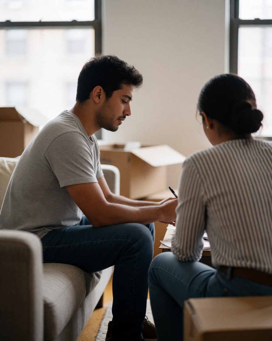 A young man and woman sitting on a sofa signing moving documents with boxes in the background near a window