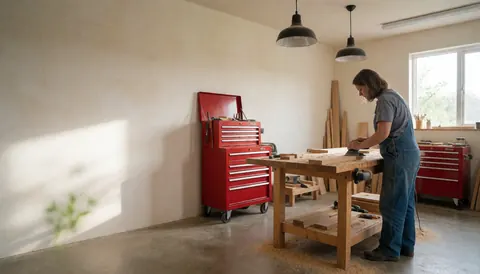 A woman sands wood in a carpentry workshop with light walls, concrete floor, and red toolboxes.