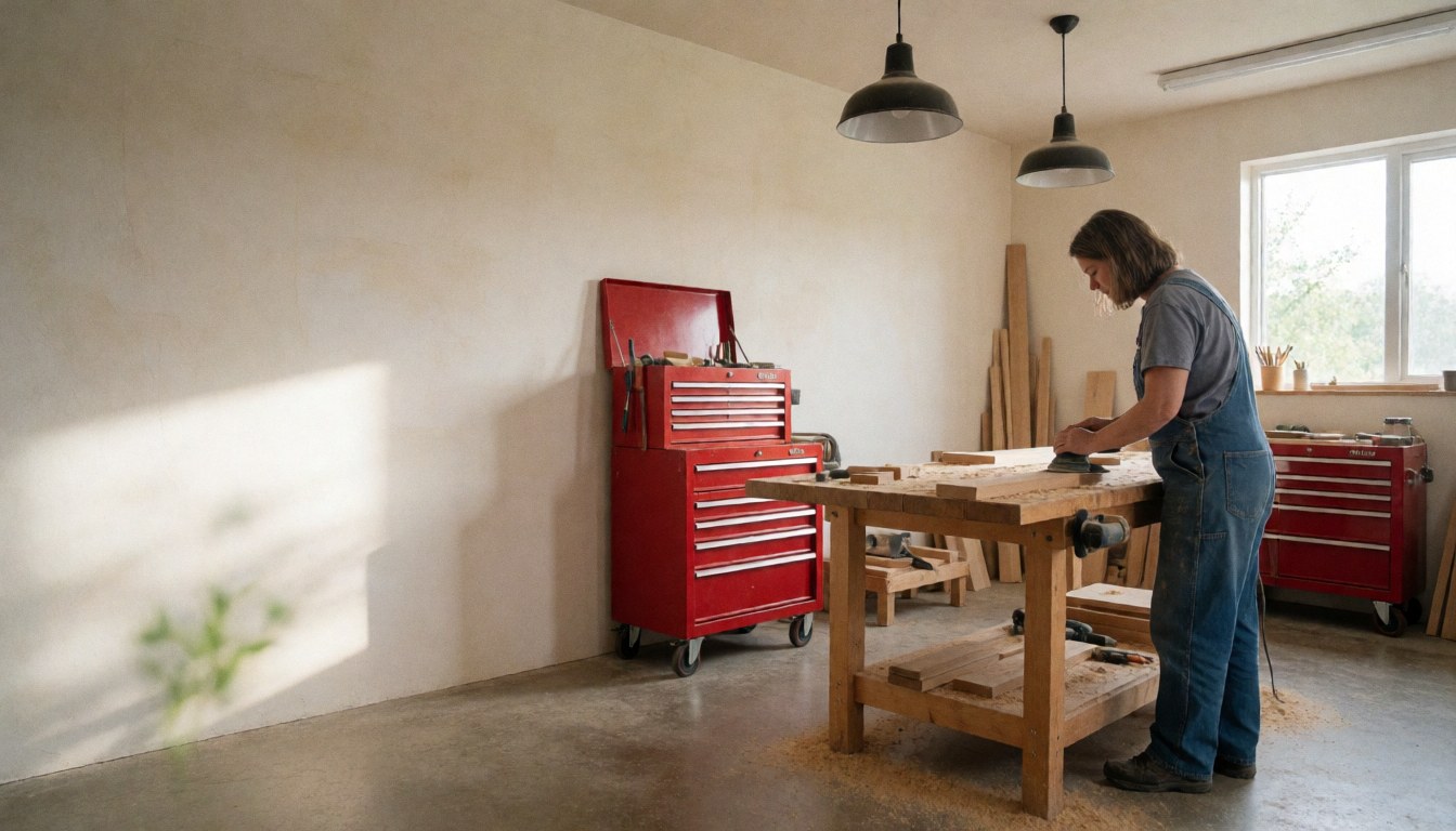 A woman sands wood in a carpentry workshop with light walls, concrete floor, and red toolboxes.