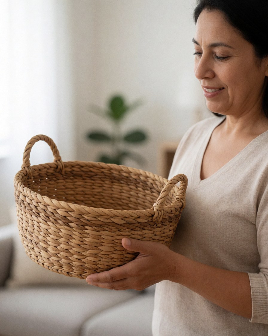 A satisfied woman holds a natural fiber woven basket in a bright living room with a plant and sofa