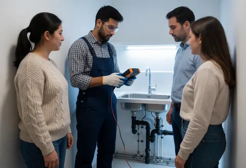 Plumber wearing gloves and glasses inspects pipes under a sink while customers watch the service in action