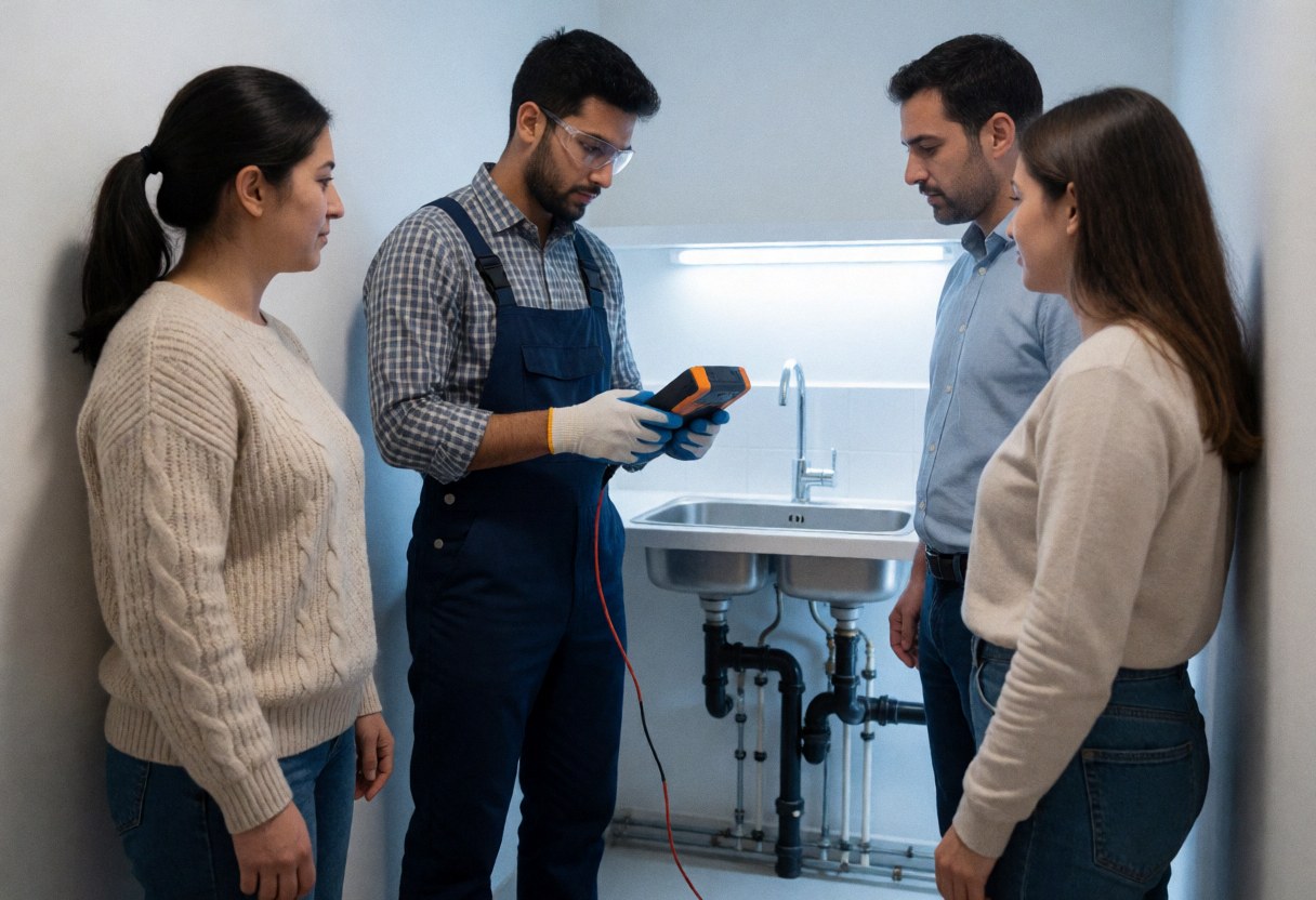Plumber wearing gloves and glasses inspects pipes under a sink while customers watch the service in action