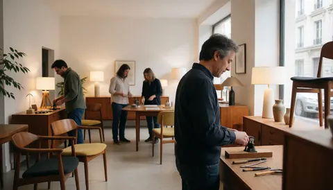 Interior view of a modern furniture store showing staff working on wooden furniture pieces under warm lighting with a cozy professional atmosphere