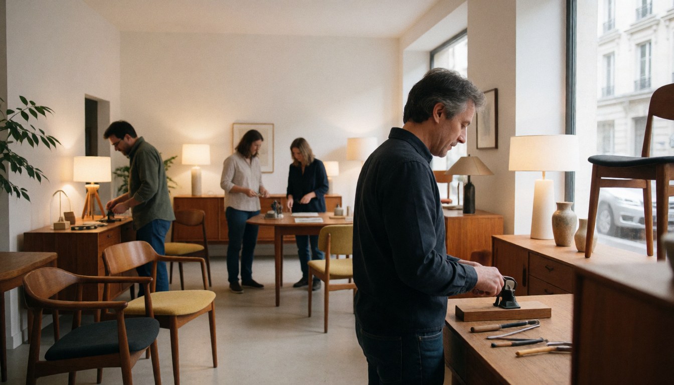 Interior view of a modern furniture store showing staff working on wooden furniture pieces under warm lighting with a cozy professional atmosphere