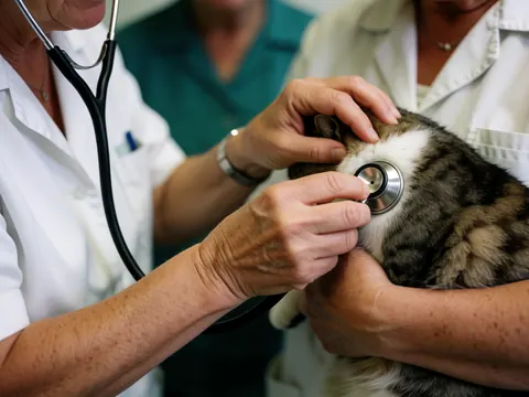 Close-up of a veterinarian using a stethoscope to examine a cat, focusing on hands and fur with a blurred clinical background.