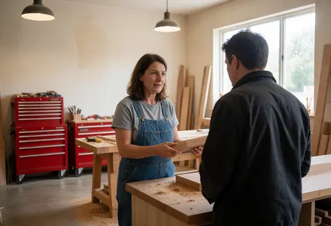 Female carpenter in blue overalls shows a wood piece to a client in a workshop with cream walls and polished concrete floor
