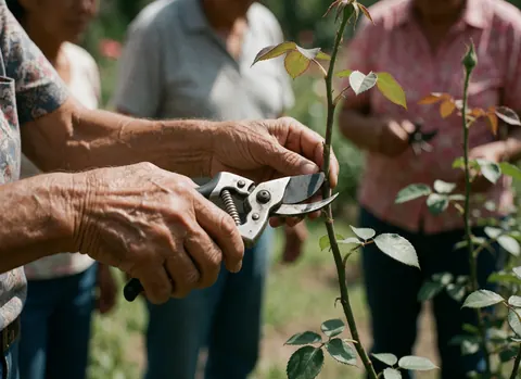Close-up of hands using pruning shears to cut a rose branch in a garden with blurred background and natural light