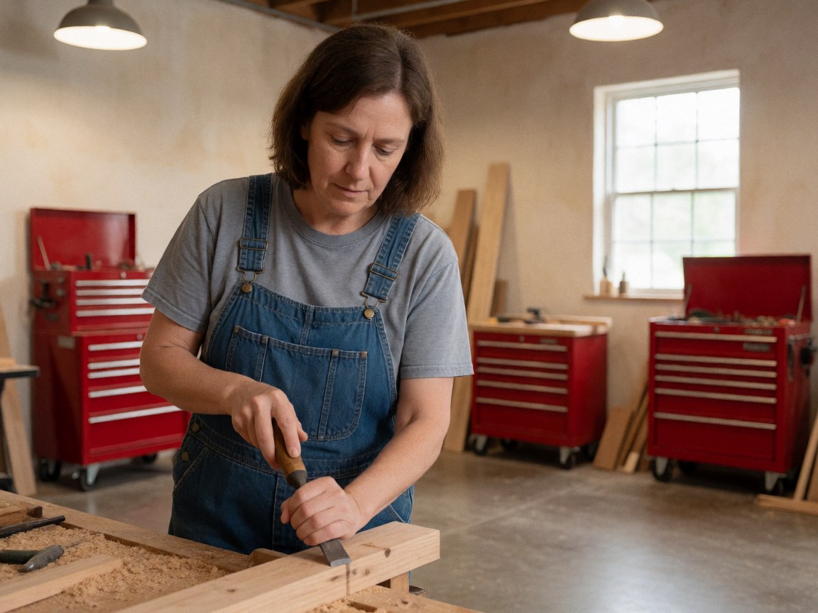 Close-up of a female carpenter in blue overalls using a chisel to carve wood in a workshop with red toolboxes in the background
