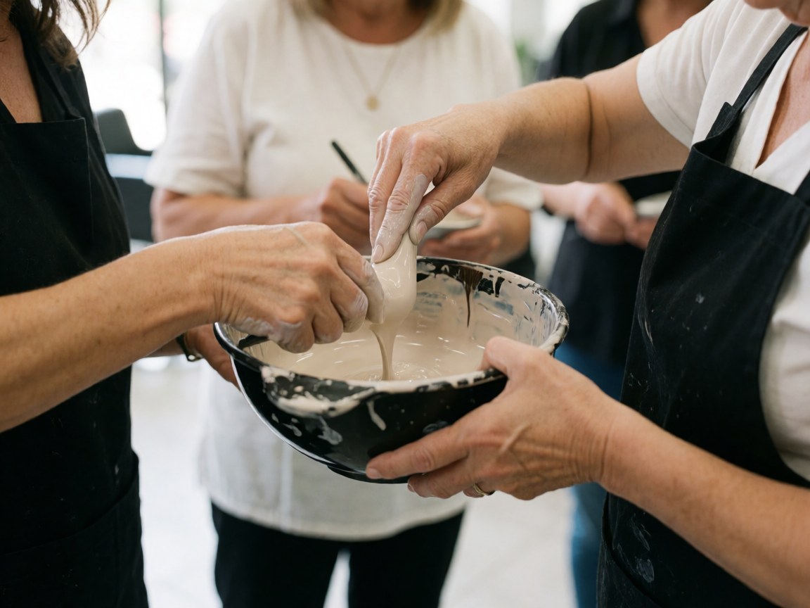 Close-up of professional hands mixing hair dye in a black bowl at a hair salon with soft lighting
