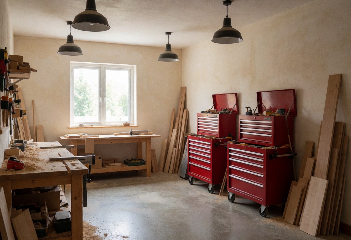 Empty carpentry workshop featuring workbenches, red toolboxes, wooden planks, and natural light from a window