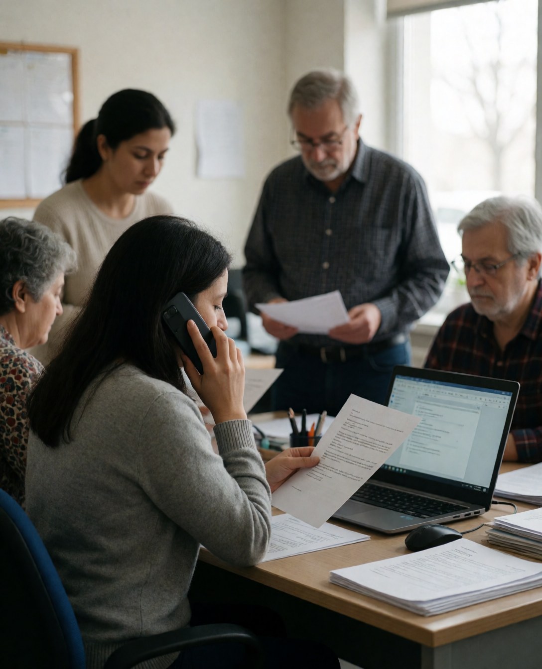 A woman talks on her cell phone while reviewing documents at her desk with an open laptop and colleagues working nearby