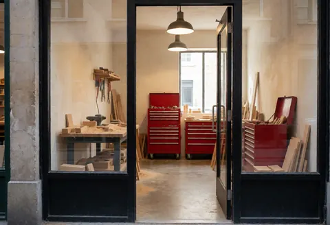 Exterior view of a carpentry business featuring a welcoming entrance, work tables, red storage boxes, and natural lighting.