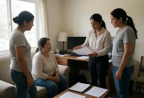 Female accountant shows financial documents to a seated client in a bright office with a computer in the background