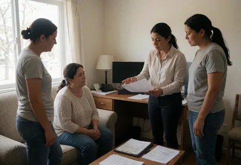 An accountant shows documents to a seated client in an office while others observe.
